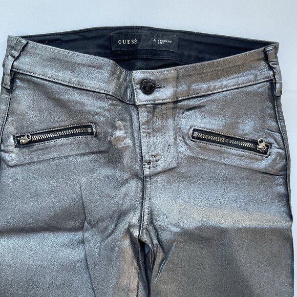 Guess Women’s Skinny Jeans Silver Metallic Foil Super Stretch Size 26 - Picture 7 of 12
